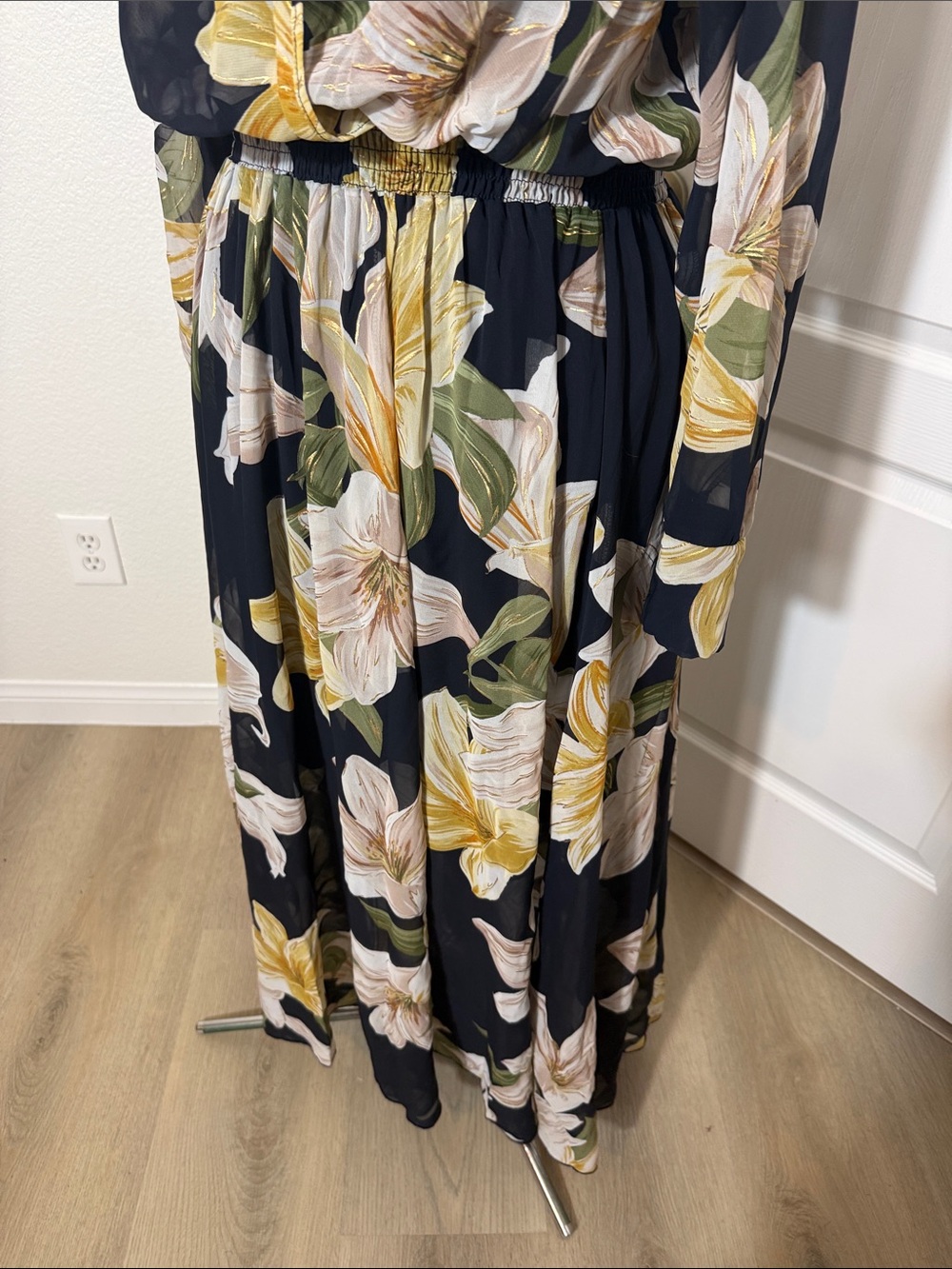 Black Floral Wrap Maxi Dress with Yellow Accents - Picture 3 of 7
